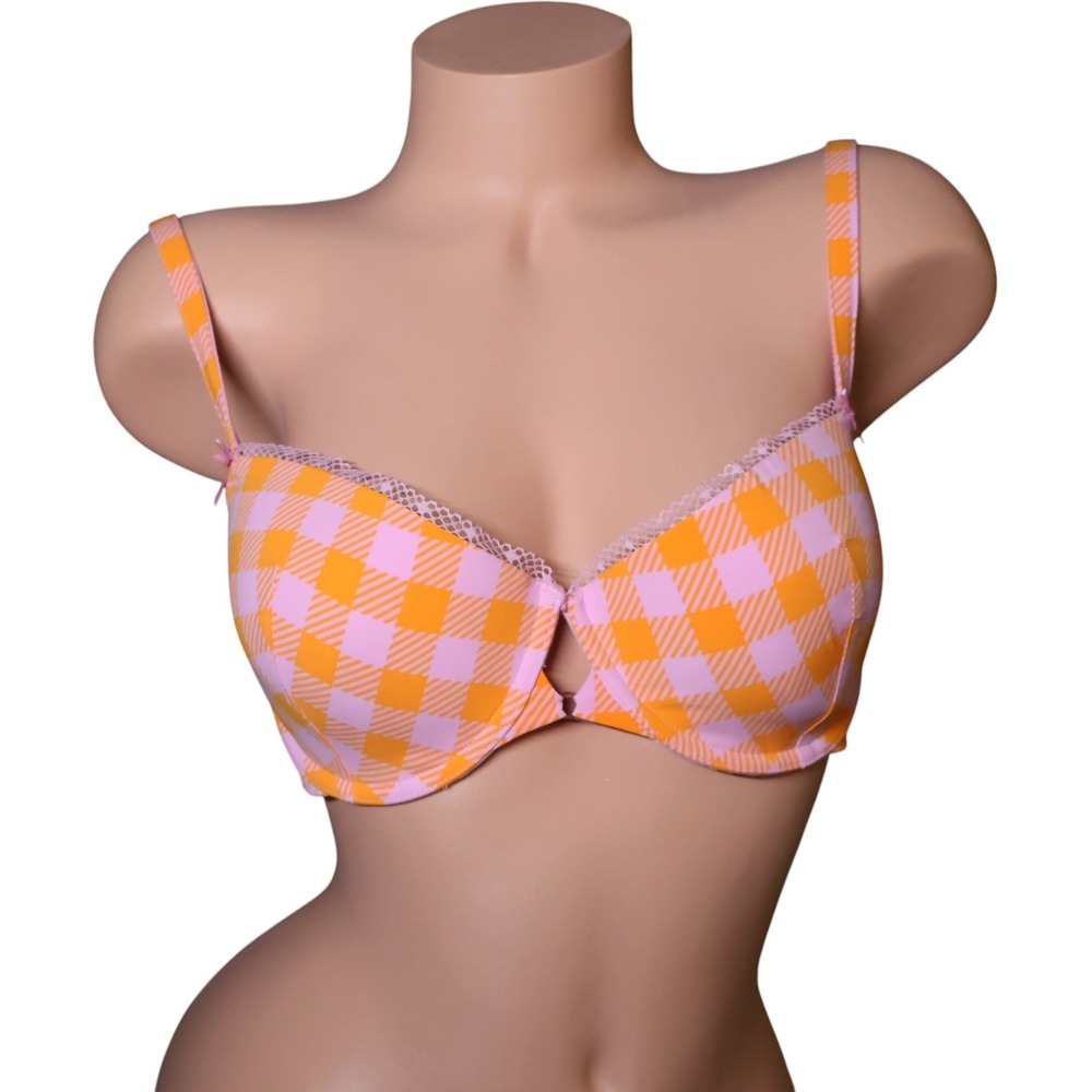 Savage X Fenty Pink Orange Gingham Underwire Bra 36DD NWT